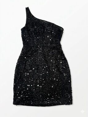 NWT Gianni Bini One-Shoulder Black Beaded Sequin Cocktail Dress